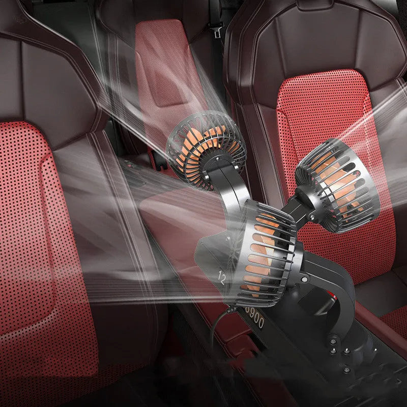 Three head automotive electric cooling fan with black ABS motor housing and cigarette lighter power cable.