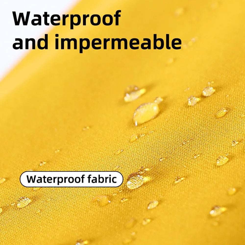 Waterproof dog raincoat with hood, reflective strips, and four-leg design on a small dog