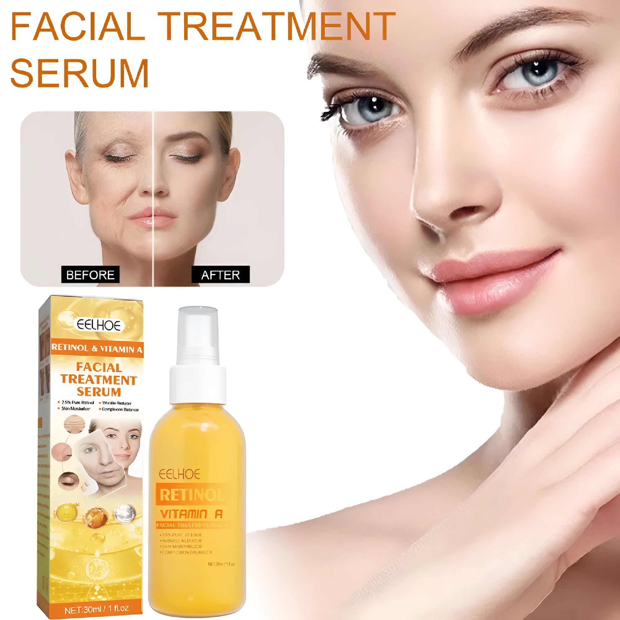 Boxed 30ml bottle of Retinol Anti-Wrinkle Essence Spray for face and neck.
