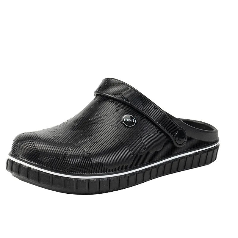 Men's casual beach sandals in black with flat heel, round toe, and EVA upper on a wooden floor
