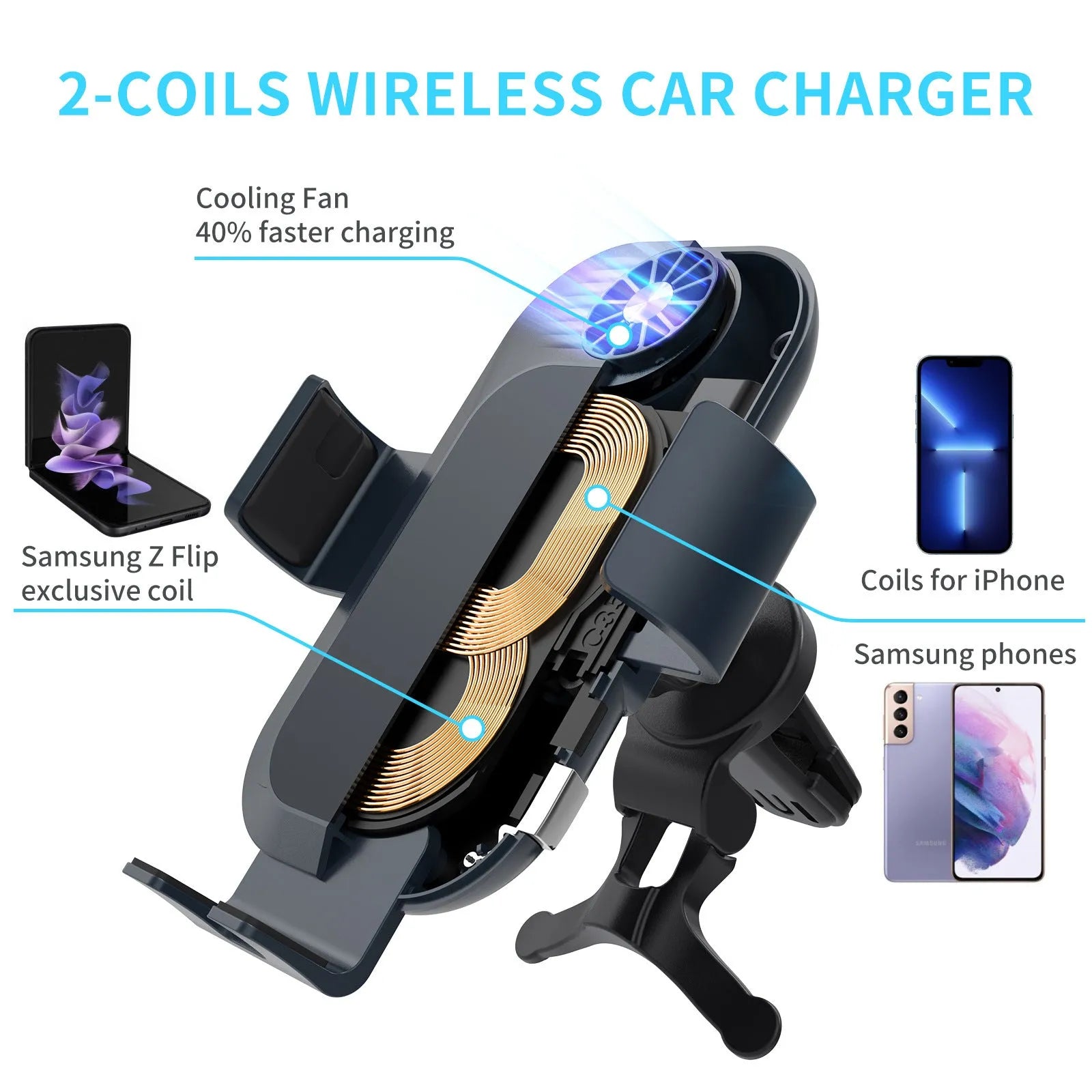 C35 coloured car wireless phone charger with suction cup air vent mount and automatic clamp.
