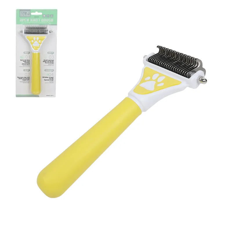 Yellow pet comb for knot untying with metal teeth and plastic handle, grooming tool for dogs and cats