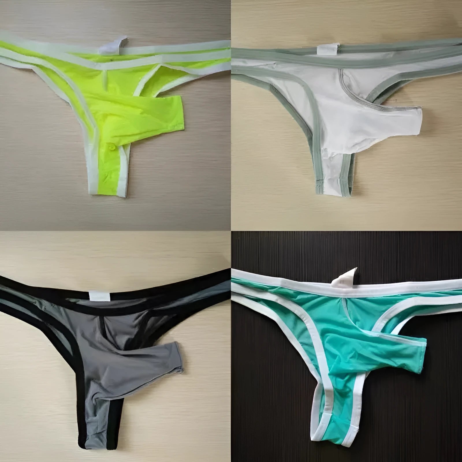 Men's Ice Silk nylon briefs in Army Green, shown with size and colour options.