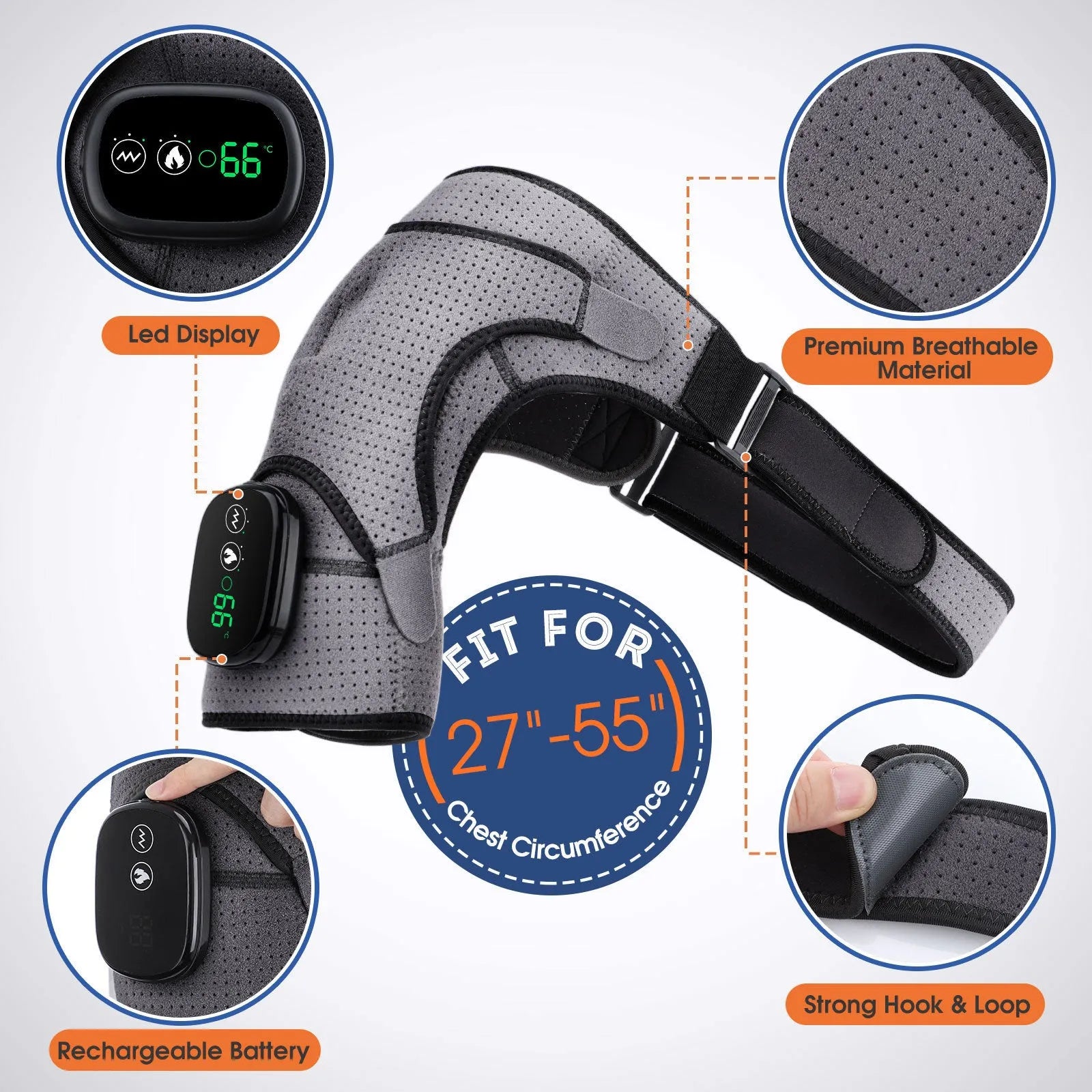 USB rechargeable electric heating shoulder pad in pure gray with adjustable long strap and short bandage