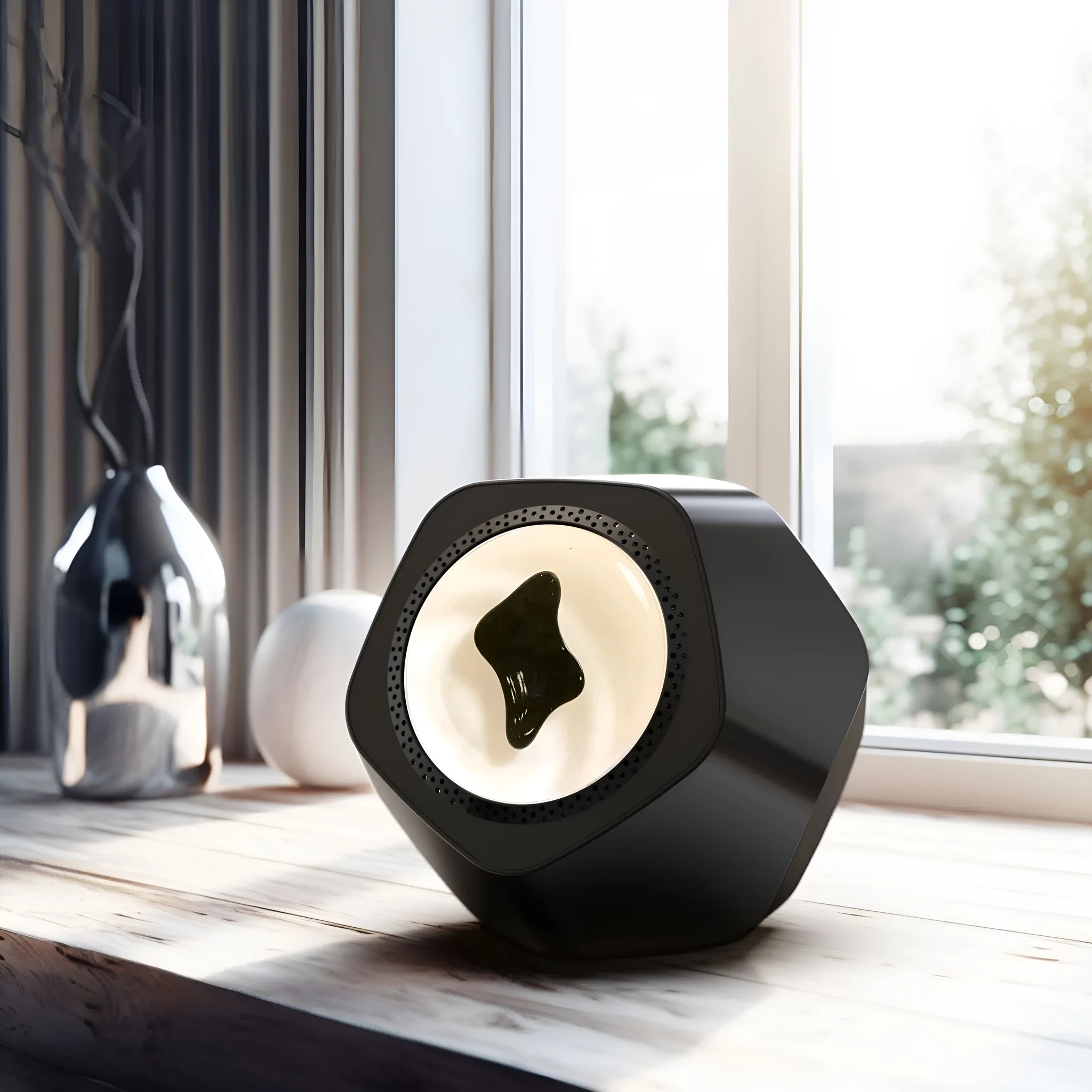 Floating magnetic fluid Bluetooth speaker in black showing fluid spikes, on a desk, with compact 137mm dimensions