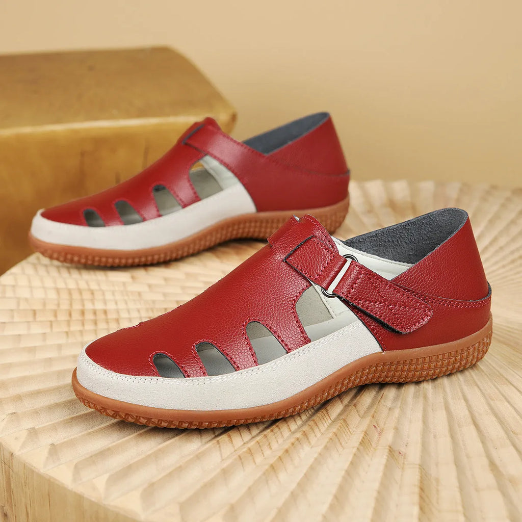 Plus size women's flat heel sandals with hollow breathable design in blue, red and white colours