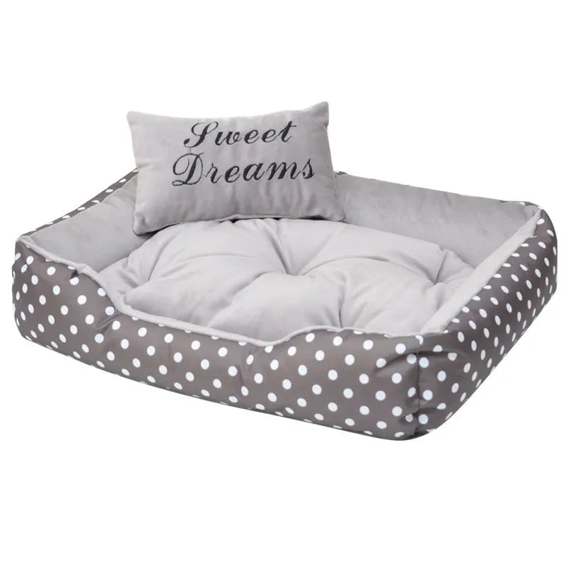 Polka dot printed dog bed with matching square pillow in grey, blue, pink or red colours