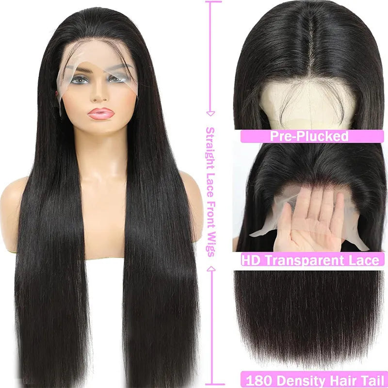 A straight black human hair wig with a lace front, shown at one of its available lengths from 16 to 32 inches.