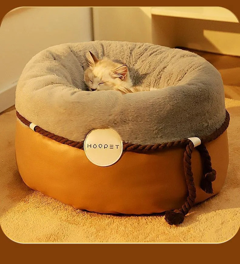 Closed solid colour warm yellow cat nest S size 45x45x25cm with thickened down filling polyester and cotton for pets up to 7kg