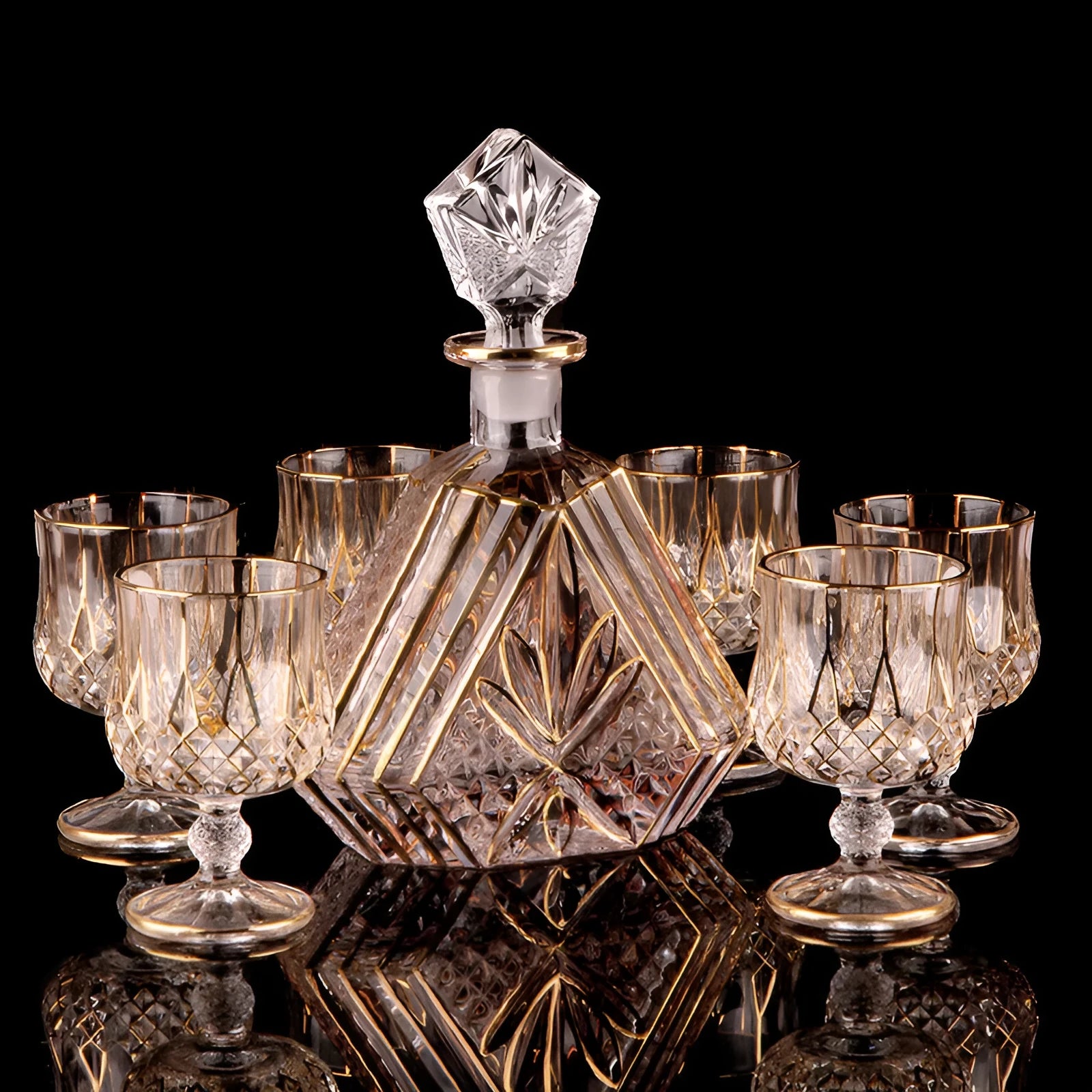 Yellow Chinese-style glass wine set with six pieces and golden accents for whiskey and red wine