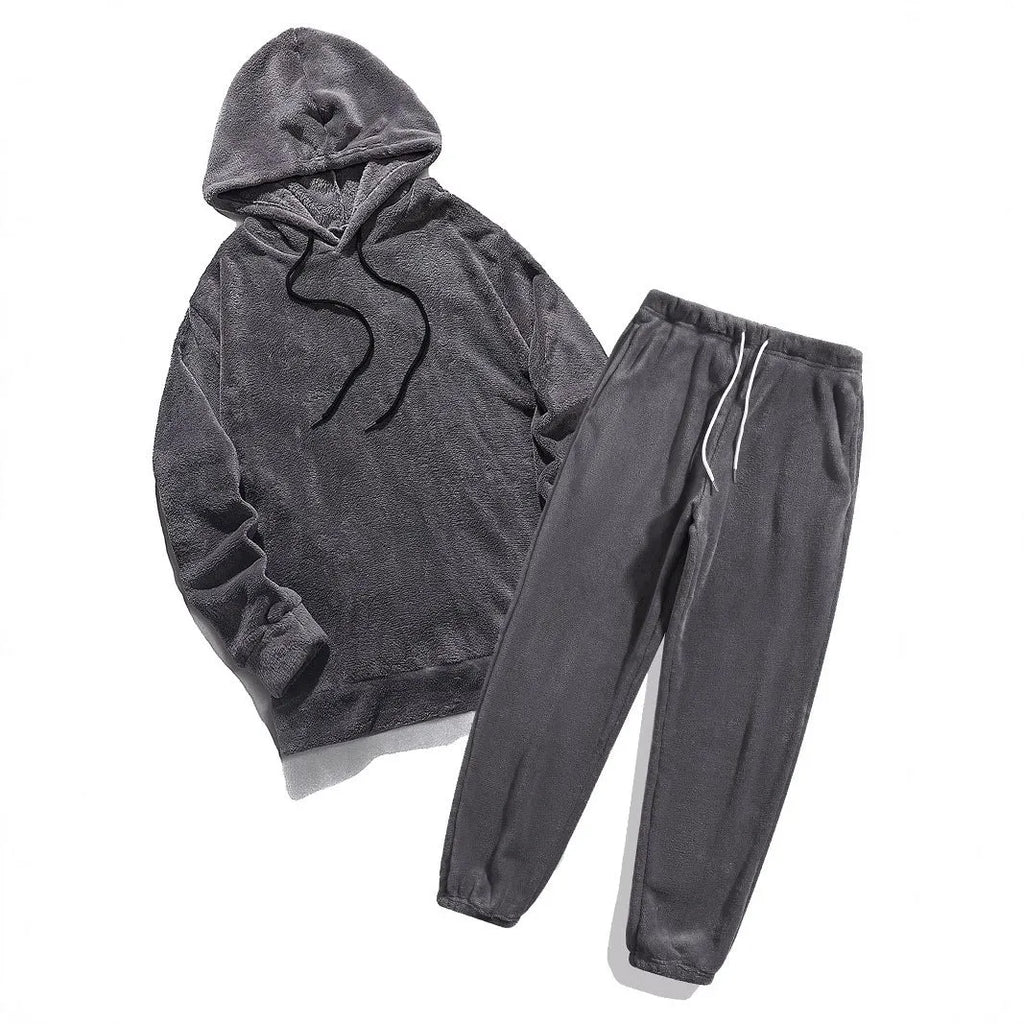 Coral fleece coat set with long sleeve top and trousers in polyester fibre, available in four colours and Asian sizes S to 2XL