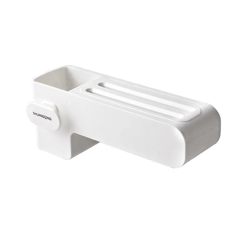 White plastic kitchen knife rack with modern simple design on countertop holding several knives