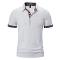 Men's navy blue polo shirt with colour stitching on the turnover collar and short sleeves.