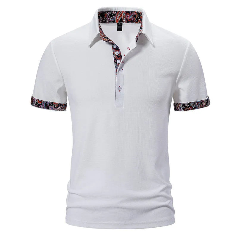 Men's navy blue polo shirt with colour stitching on the turnover collar and short sleeves.