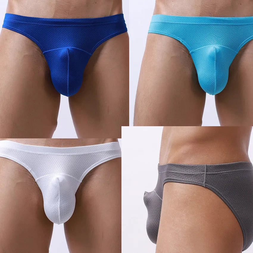 Men's nylon underwear in colours black, blue, grey, sky blue, and white showing loose fit.