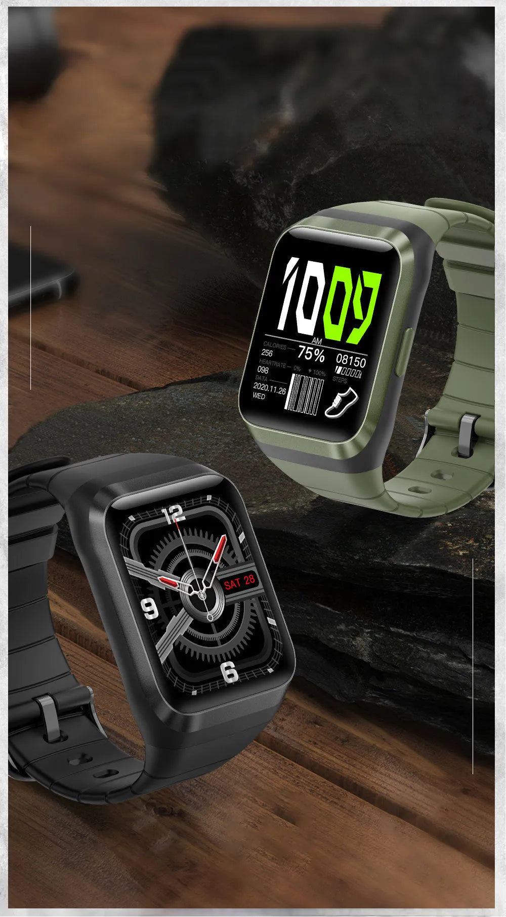 Smart outdoor watch with 1.69 IPS screen, silicone wristband, available in black, green, pink, red