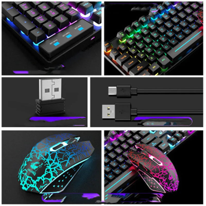 T3 wireless charging keyboard and mouse set in black with rainbow backlight on a desk
