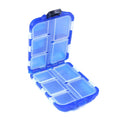 Small green plastic fishing tackle storage box with 10 internal compartments, shown open.