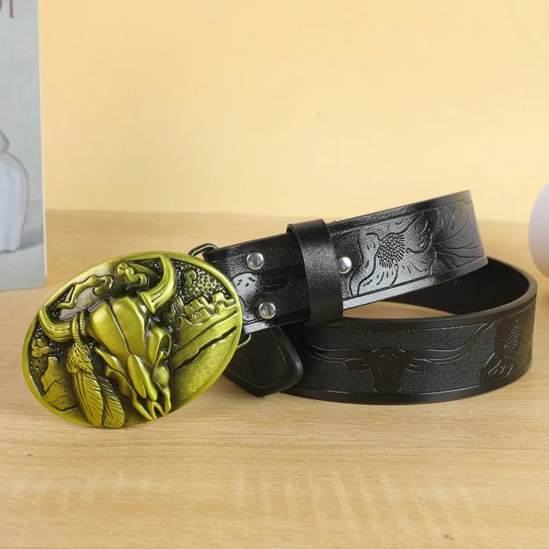 Men's brown imitation leather belt with a detailed electroplated alloy cow head buckle.