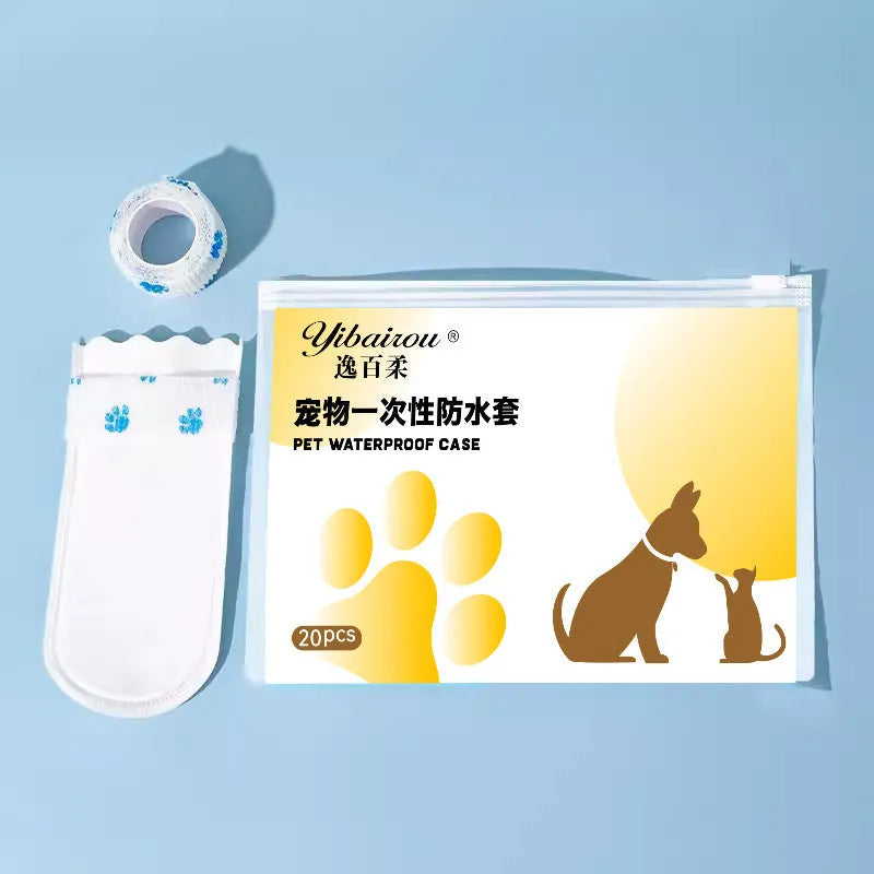 Pack of 20 white disposable waterproof shoe covers for small and medium dogs on a non-slip surface.