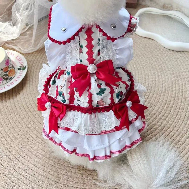 Polyester rabbit skirt princess dog dress shown on a small dog, with size chart for XS S M L XL.