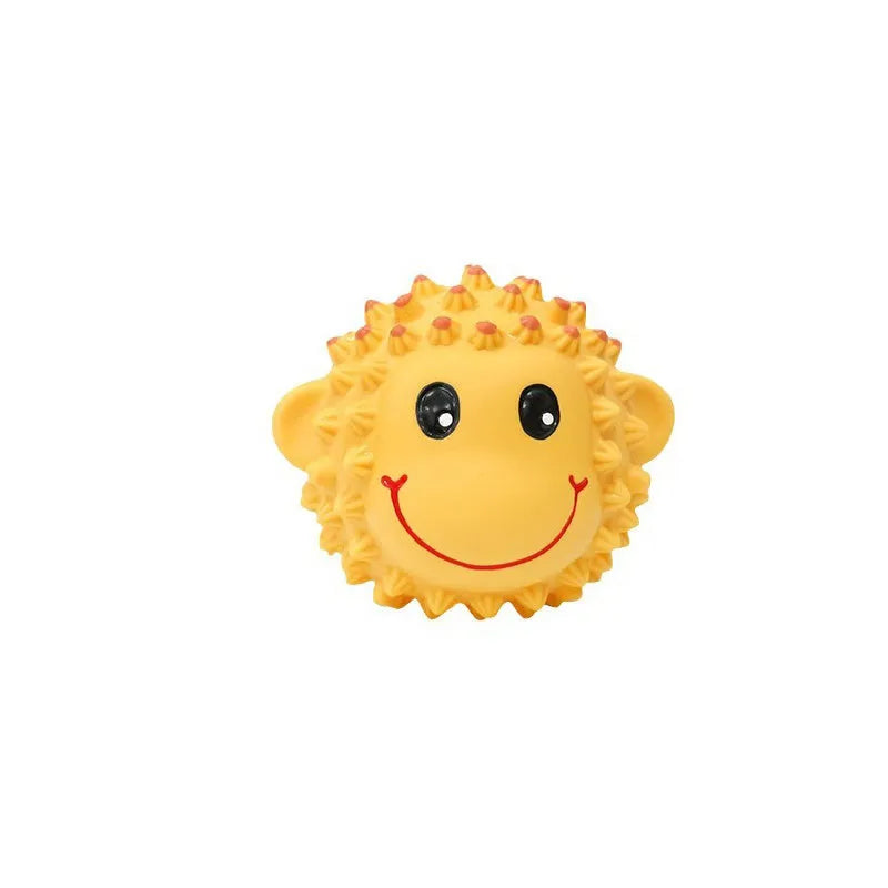 Orange and yellow spiky latex dog toy shaped like an animal with a squeaker inside