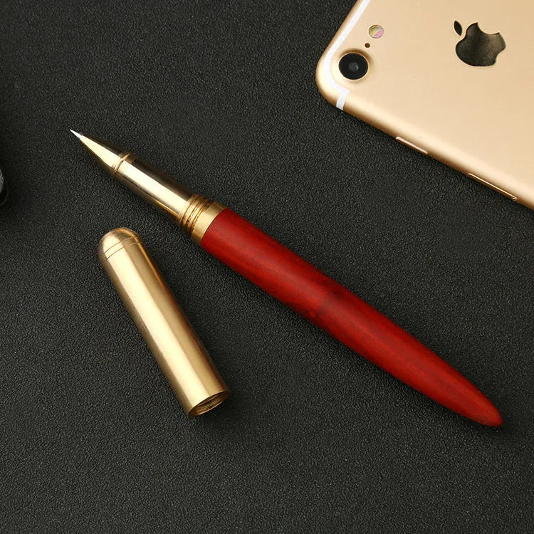 Brass sandalwood signature pen 14cm solid wood metal barrel ballpoint on white background