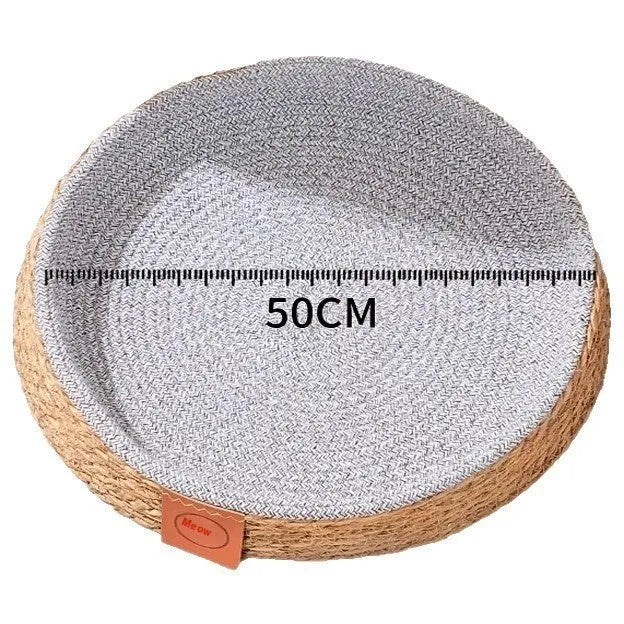 Natural rattan cat nest with woven construction shown in pet bed setup