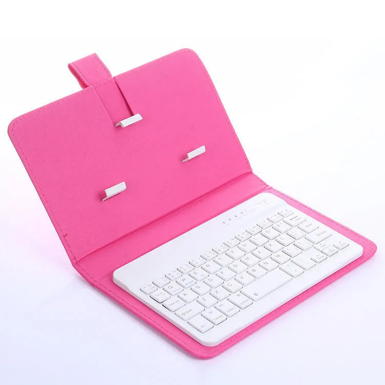 Bluetooth keyboard holster in black with phone inserted, showing stand function and keyboard layout