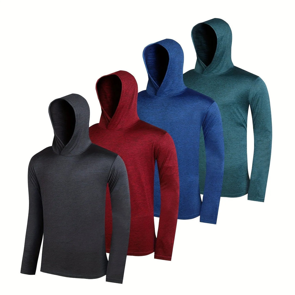 Four-pack of men's lightweight polyester hoodies in assorted colours on hangers