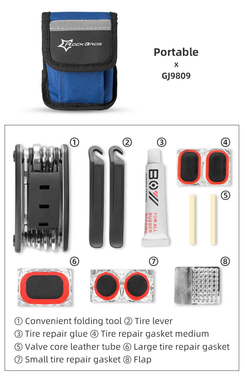 Bicycle tire repair kit in portable storage bag mounted on upper tube of bike frame