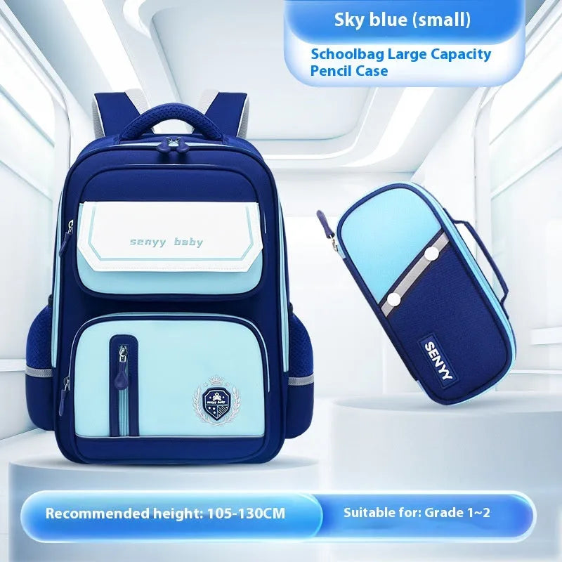 Children's spine protector backpack in blue, made of water-repellent Oxford cloth, size 38x30x15cm