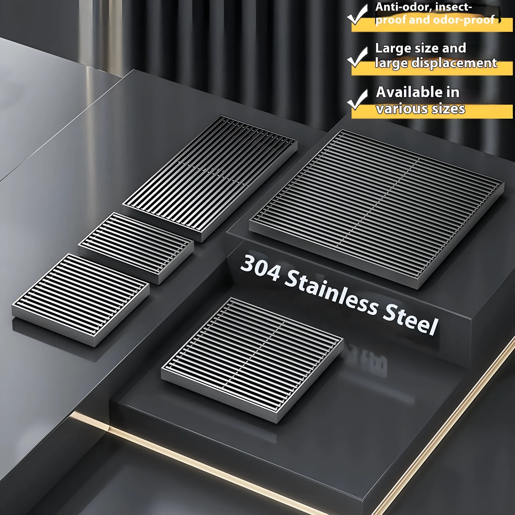 Gun grey 304 stainless steel courtyard floor drain with a square ABS plastic core.