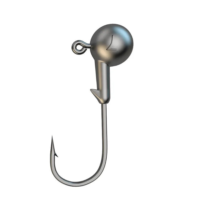 Enhanced 50 piece jig hook fishing tackle set showing steel construction and hook design