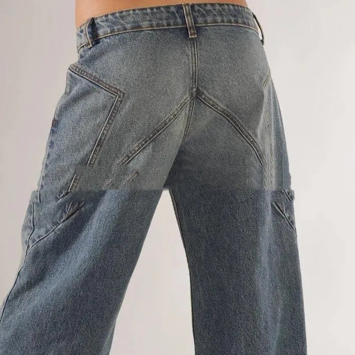 Cotton loose wide leg mop trousers with splicing stitching design in blue colour