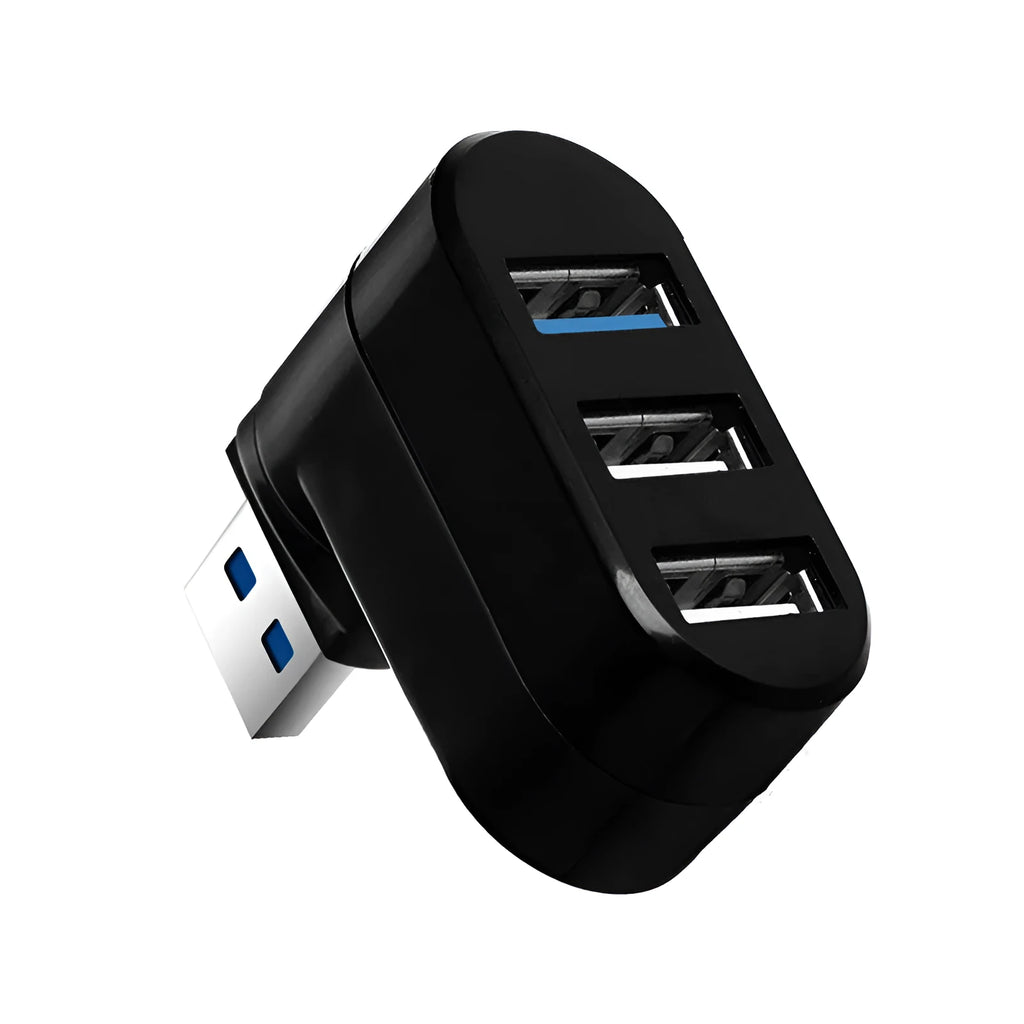 Black and white USB rotary splitter hub showing four USB 3.0 ports on compact ABS casing