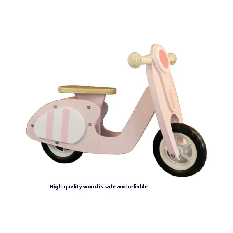 Pink wooden toddler balance scooter with 10-inch wheel for children aged 1-3 years.