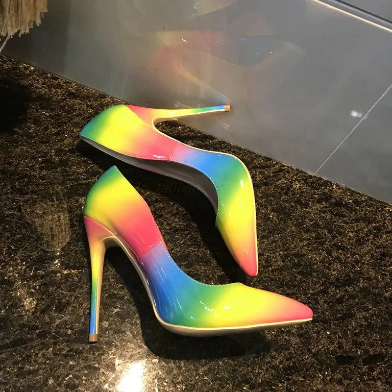 Rainbow patent leather women's high heels with pointed toe and thin stiletto heel
