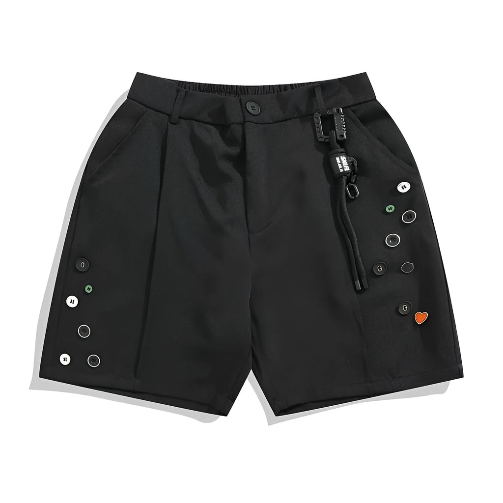 Black loose-fitting semi-elastic men's shorts with a colour button and zip fly
