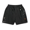 Black loose-fitting semi-elastic men's shorts with a colour button and zip fly
