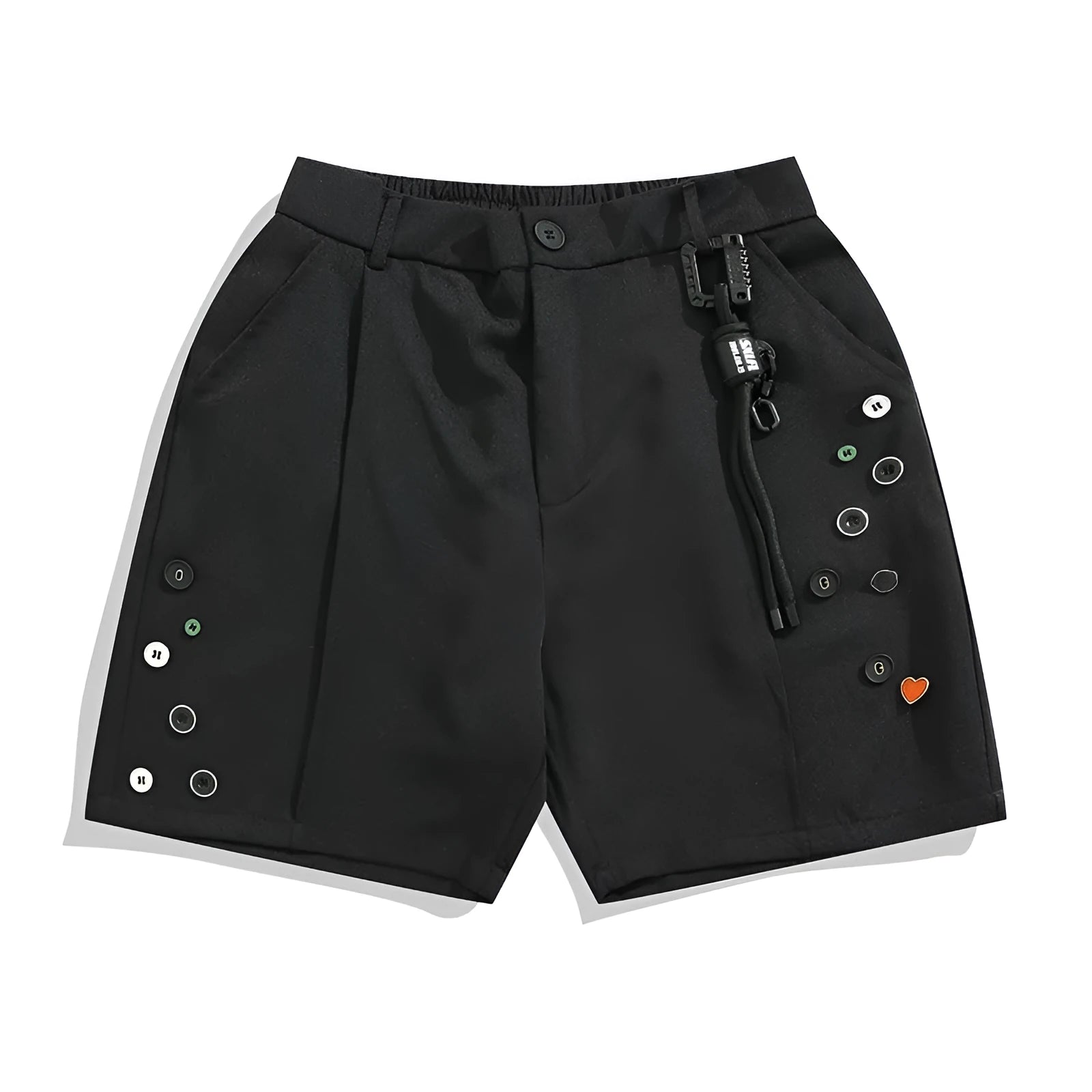Black loose-fitting semi-elastic men's shorts with a colour button and zip fly