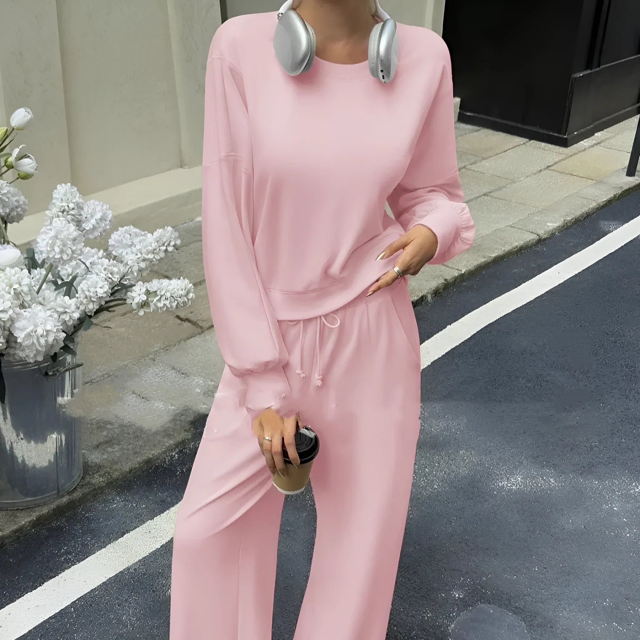 Women's solid colour polyester two-piece set with long sleeve top and trousers in street hipster style