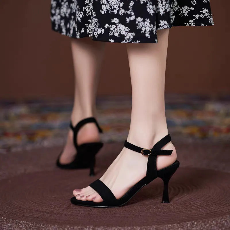 Women's one-strap low heel cat heel sandals in solid apricot colour with PU leather upper and rubber sole
