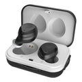 Macaron wireless sports headphones in pink with charging case, showing in-ear design and Bluetooth pairing
