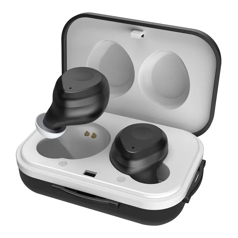 Macaron wireless sports headphones in pink with charging case, showing in-ear design and Bluetooth pairing