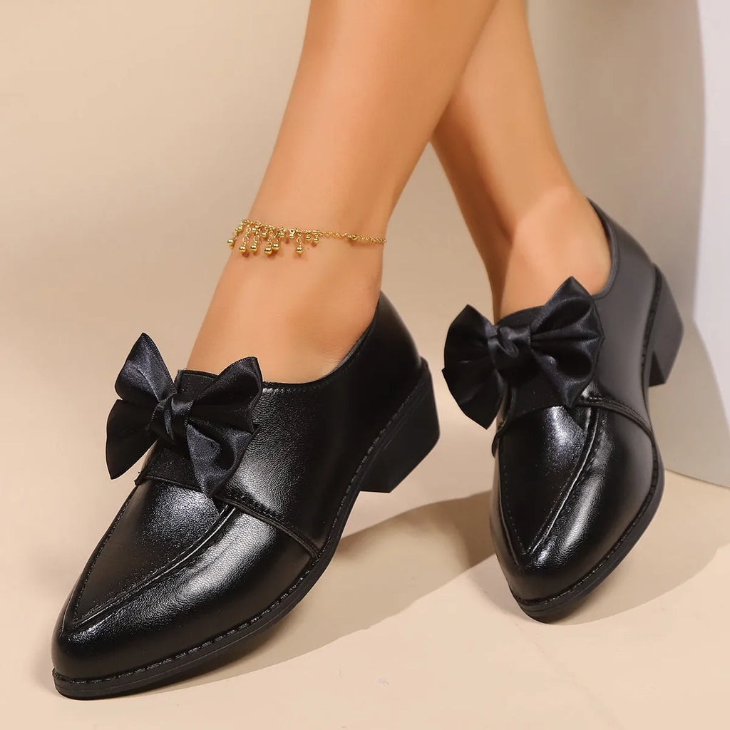Women's British-style PU leather shoes with bow detail and rubber sole in size 36-43