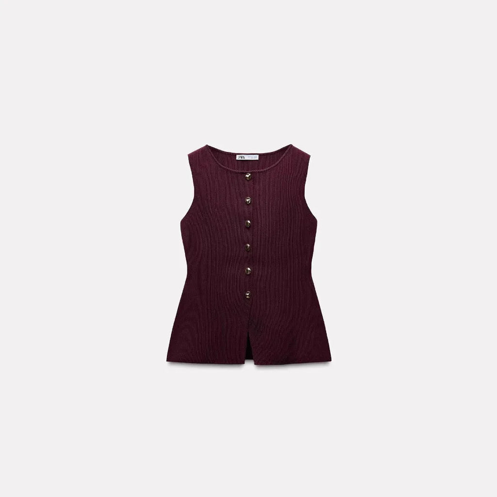 Dark red slim fit sweater vest with gold buttons and a raised 3D pattern, laid flat.
