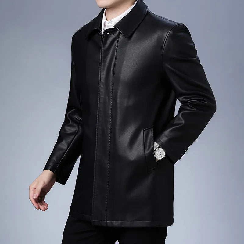 Men's black PU leather lapel coat with fleece padding, medium length 65cm, on display