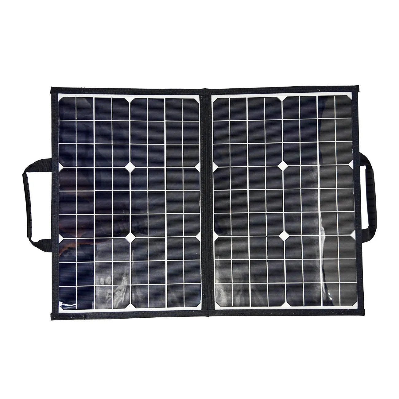 Black 40W single crystal folding solar panel bag shown folded to compact size