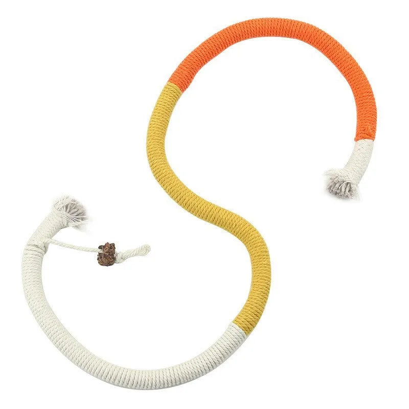 70cm long cotton string cat biting rope toy with catnip, shown in purple, orange, and red with green colour options.